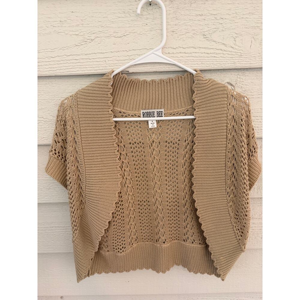 Robbie Bee Taupe Open Knit Short Sleeve Cardigan Shrug Small USA Made - Picture 2 of 4